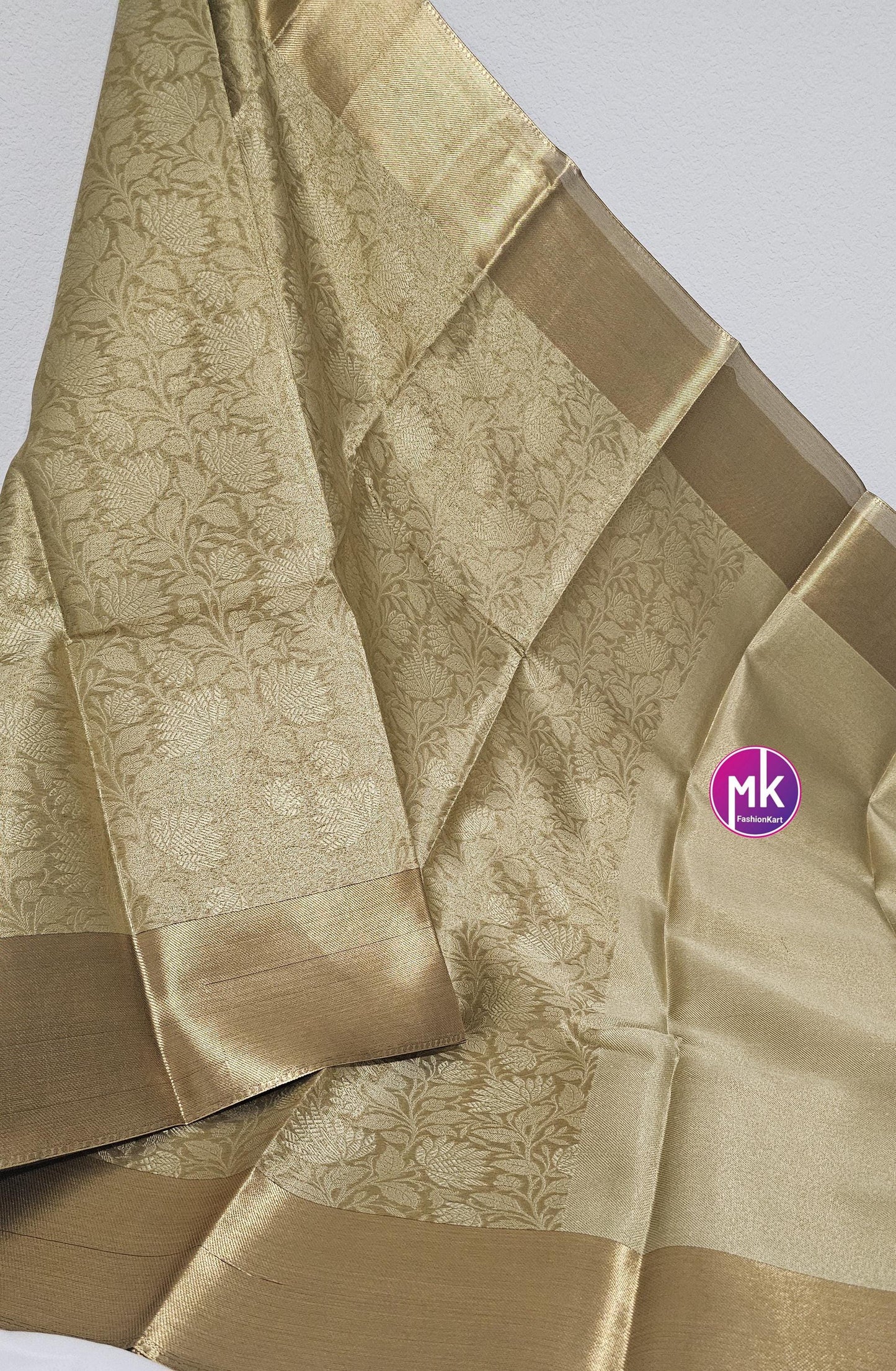 Celebrity Style (Nita Ambani Inspired) Banarasi Brocade Tissue Silk Saree w floral design Embossed saree w running blouse (unstitched)