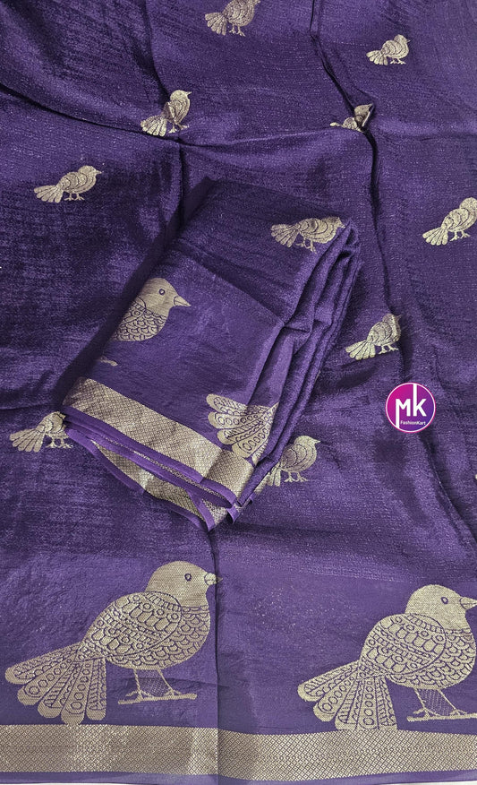 Sparrow Silk - Pure soft Viscose Khadi Silk fabric with jaquard bird figure design with Blouse piece (unstitched) - MK Fashionkart
