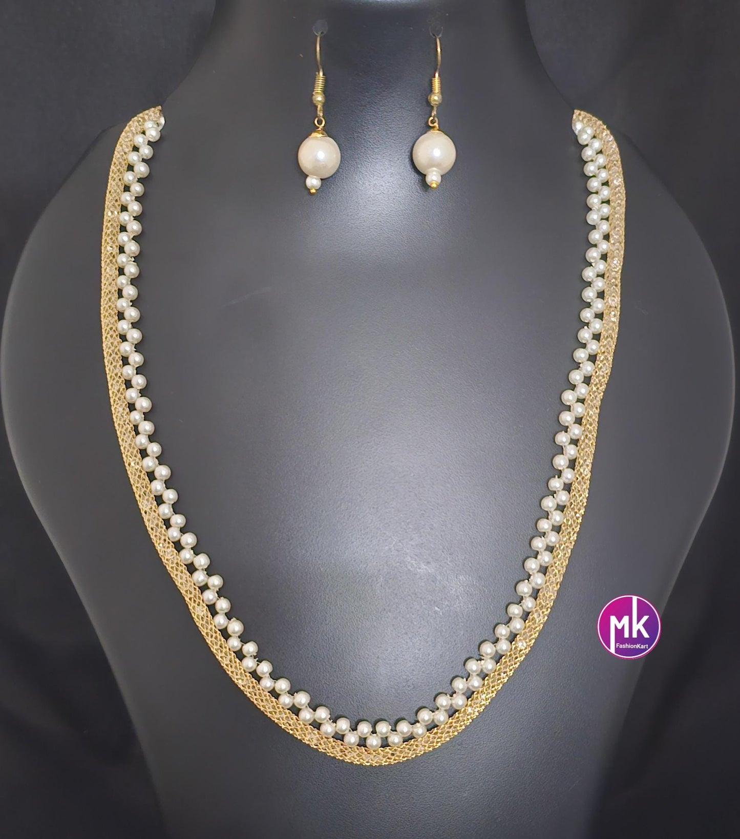 Beautiful pearl with stone chain and matching Earrings for Adult cum Kids Chain - Pearl chain - MK Fashionkart -Fashion Jewelry