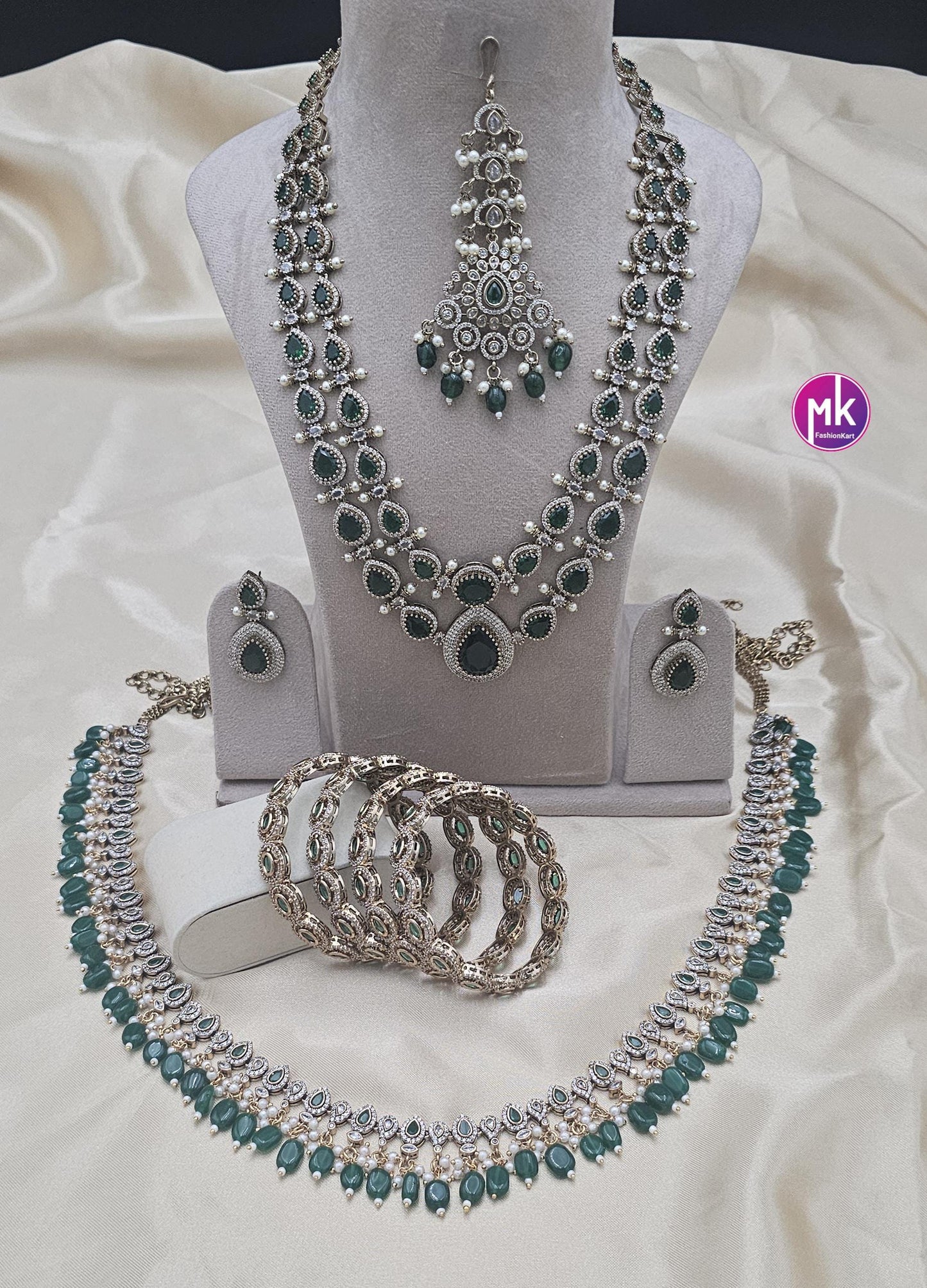 Celebrity style Bridal Victorian Emerald Combo set - Premium quality Victorian Polish Combo AD/CZ stone Combo set - MK Fashionkart