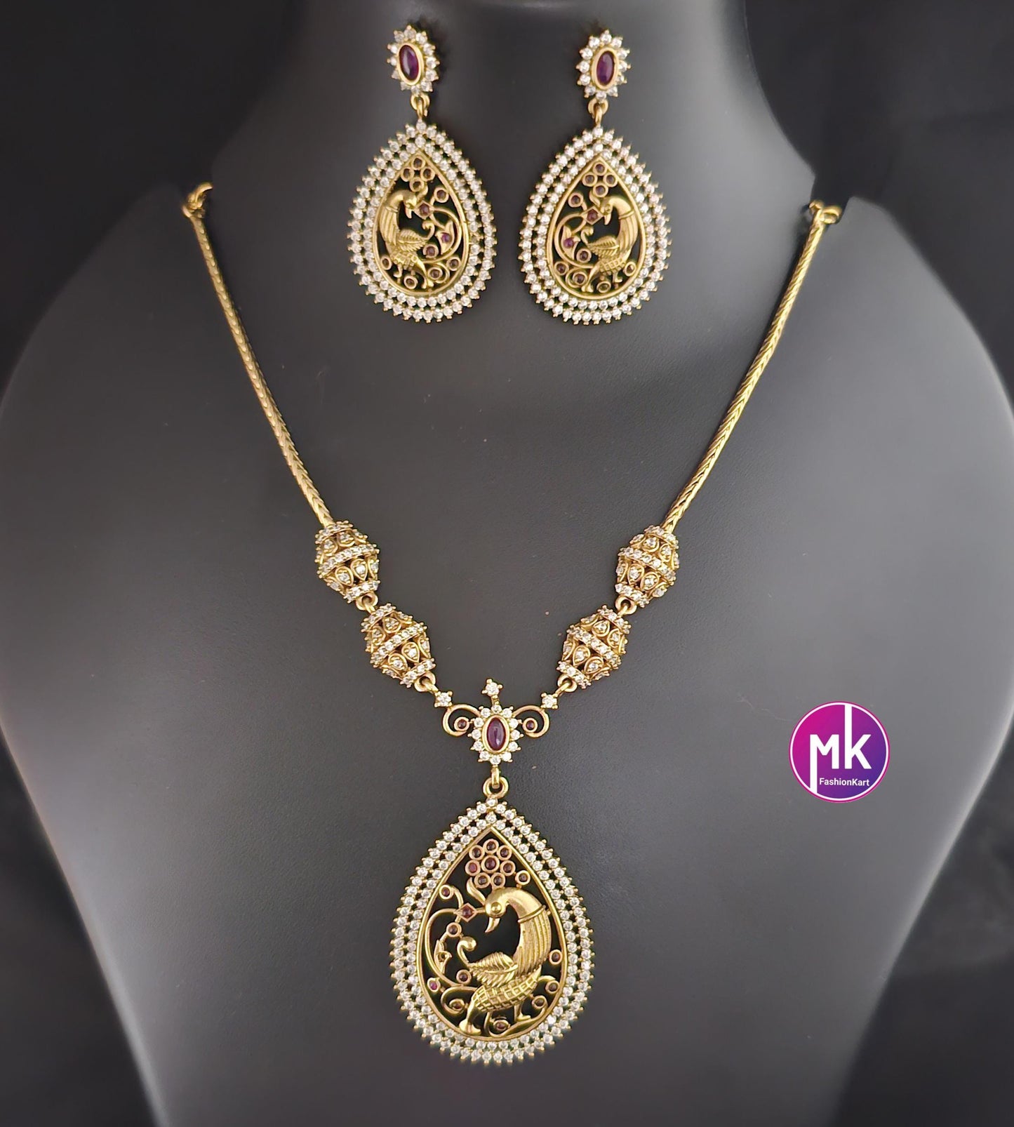 Peacock Premium Matte gold finish AD stone necklace with matching Big Earrings - Traditional Jewelry - Mk Fashionkart