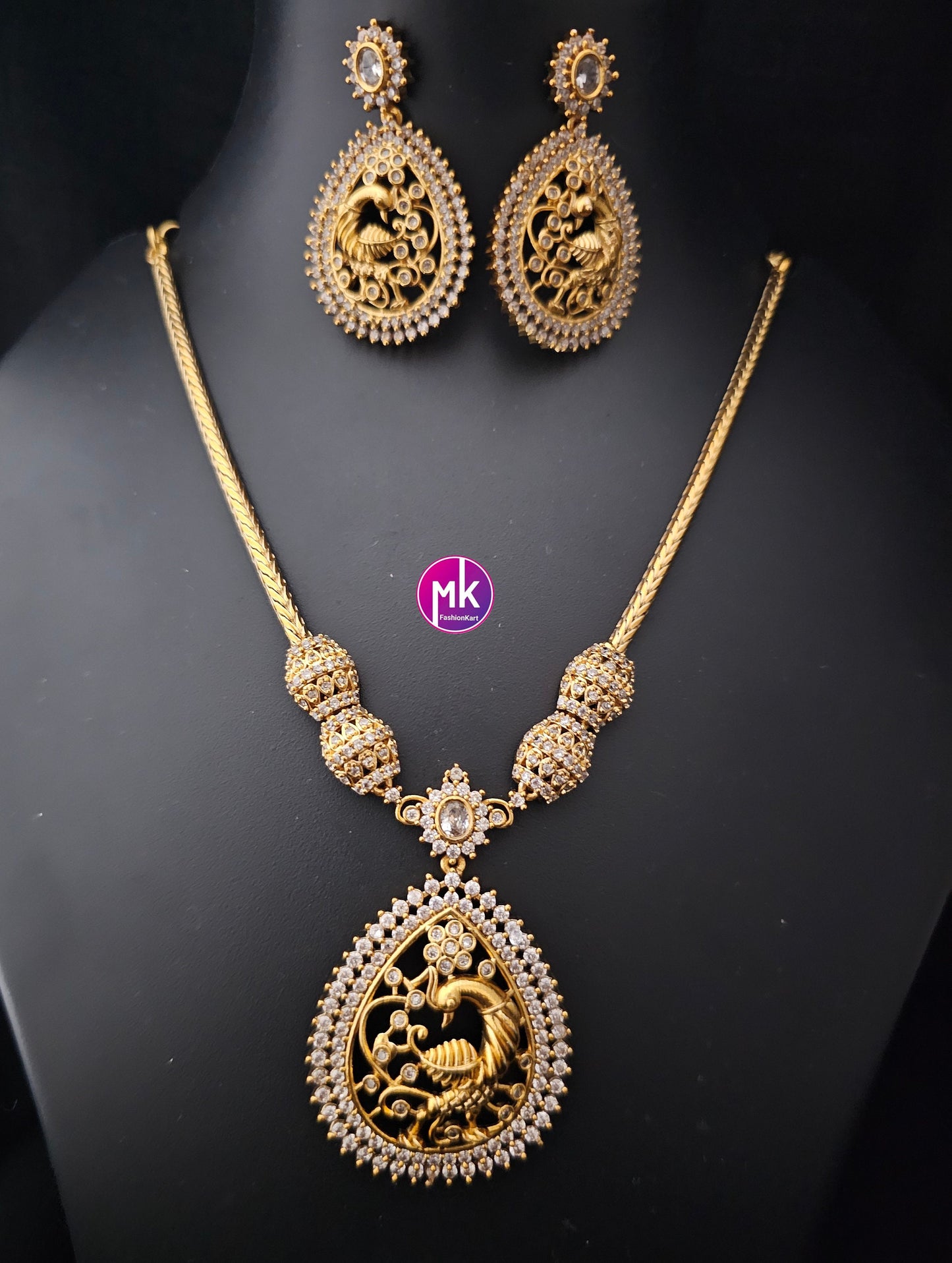 Peacock Premium Matte gold finish AD stone necklace with matching Big Earrings - Traditional Jewelry - Mk Fashionkart