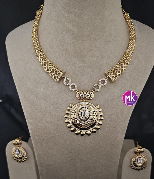American Diamond Celebrity Style Premium polish Gold finish Necklace with matching Earrings - Adult cum Teen - MK Fashionkart