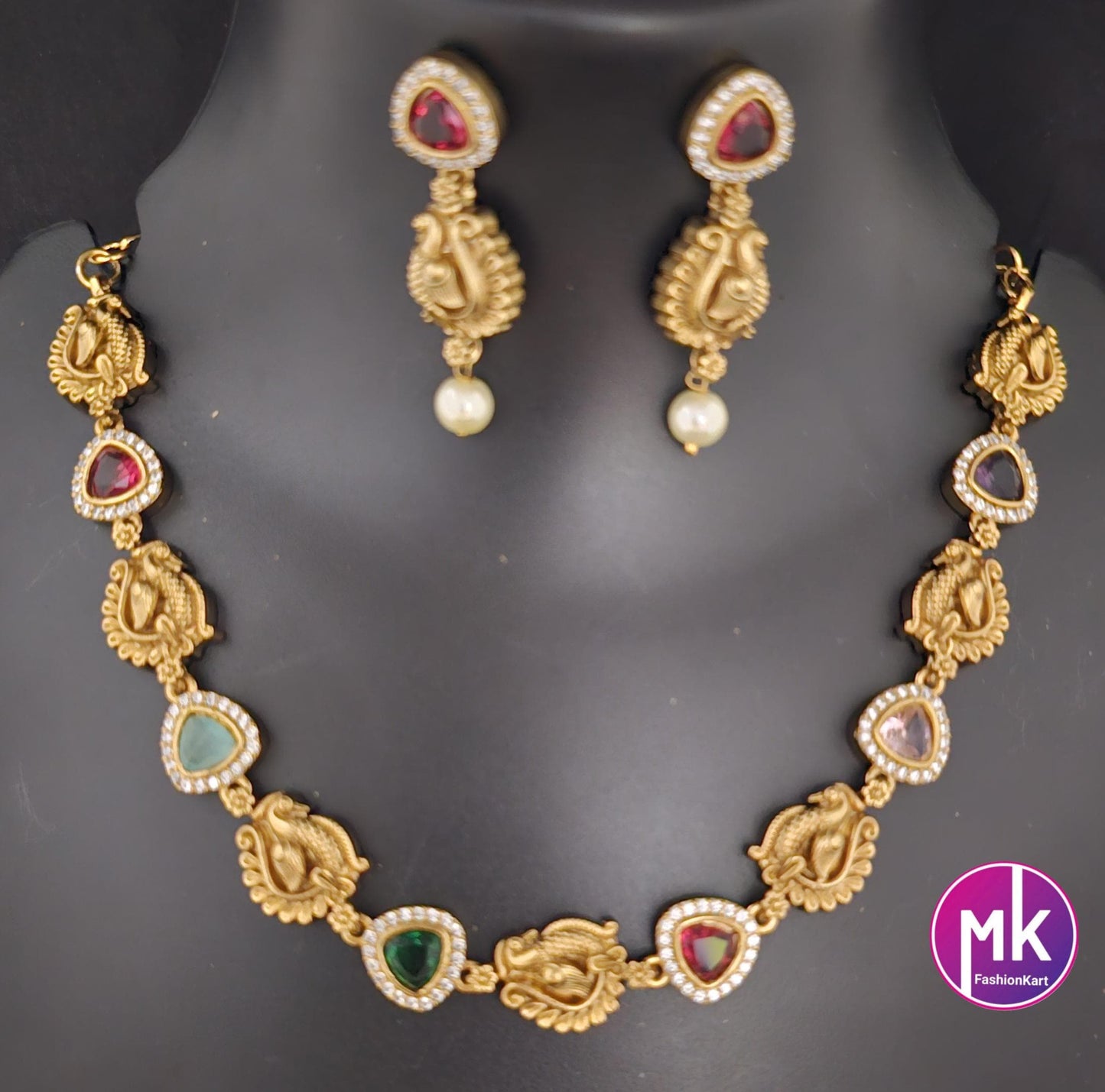 Peacock Design matte gold polish multi-color/Green stone Necklace with matching Earrings - Gold Jewelry Replica - MK Fashionkart