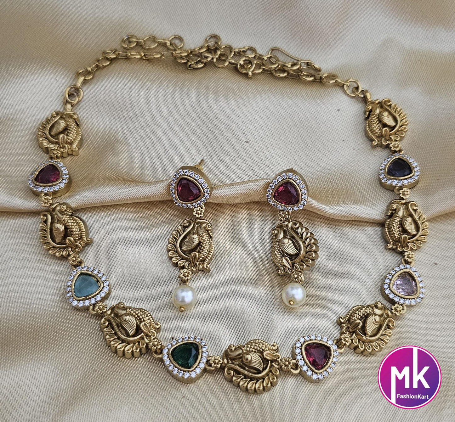Peacock Design matte gold polish multi-color/Green stone Necklace with matching Earrings - Gold Jewelry Replica - MK Fashionkart