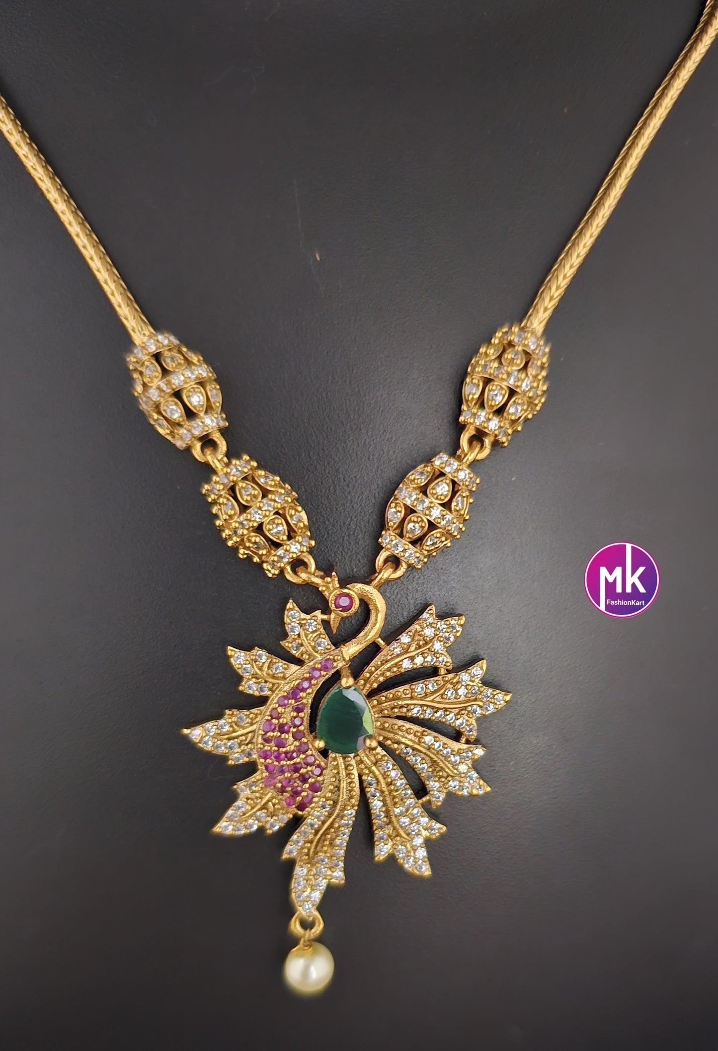 Premium quality peacock design Multi-color AD stones Necklace with cute Earrings with hanging pearls - Fashion Jewelry - MK Fashionkart