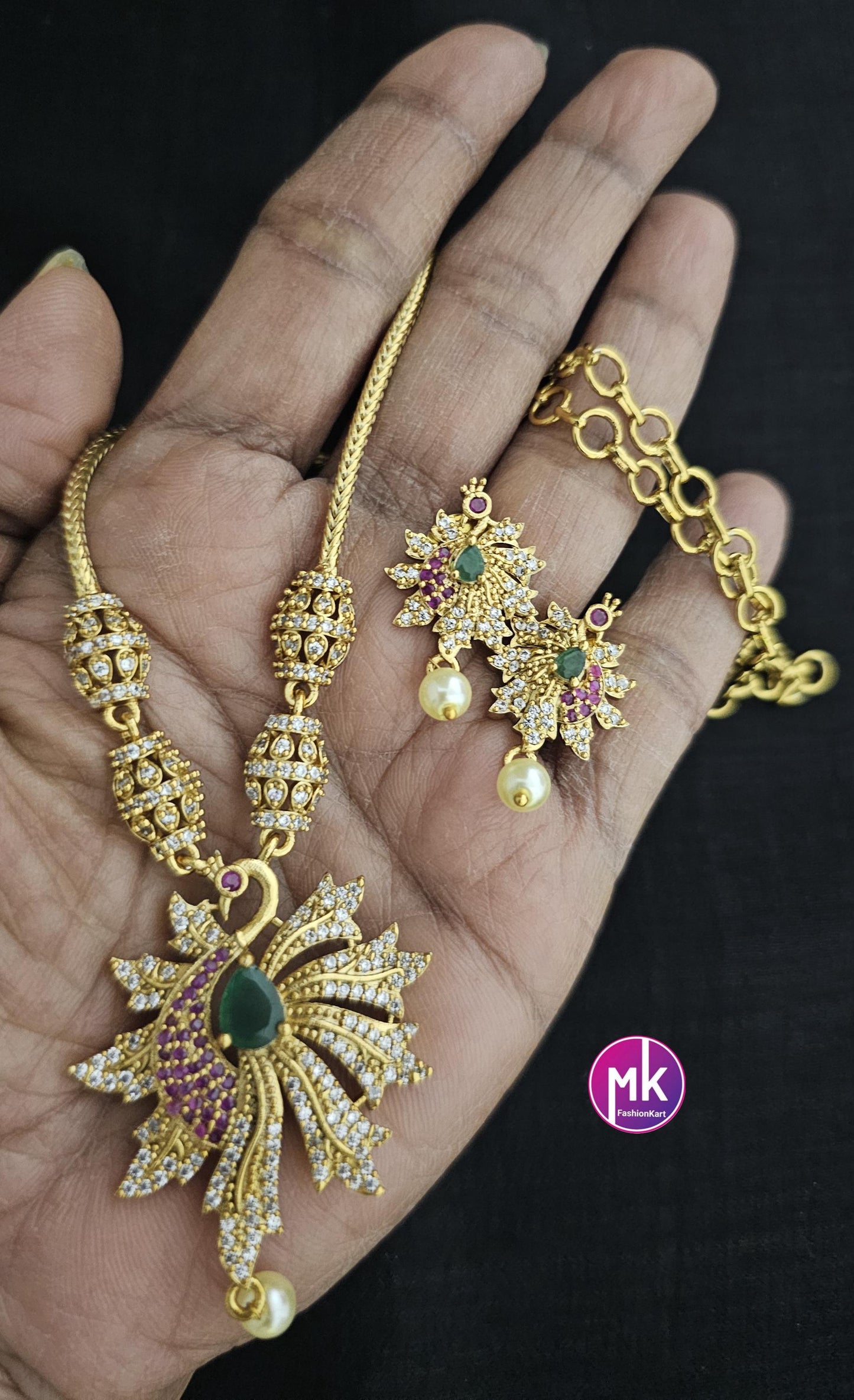 Premium quality peacock design Multi-color AD stones Necklace with cute Earrings with hanging pearls - Fashion Jewelry - MK Fashionkart
