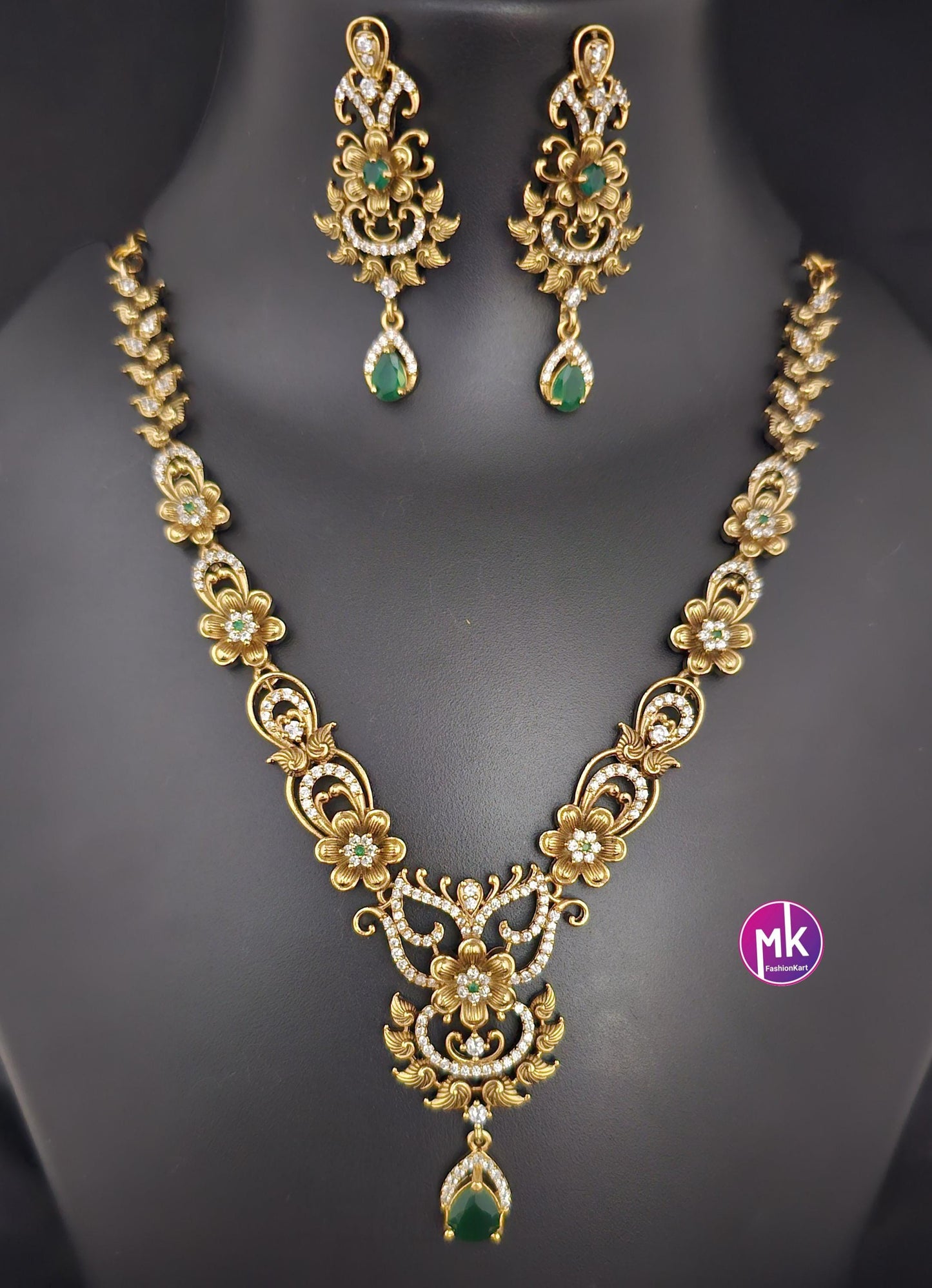 Premium Quality CZ matte finish Necklace with Beautiful Earrings - Adult cum Teen Necklace - MK Fashionkart - Fashion Jewelry
