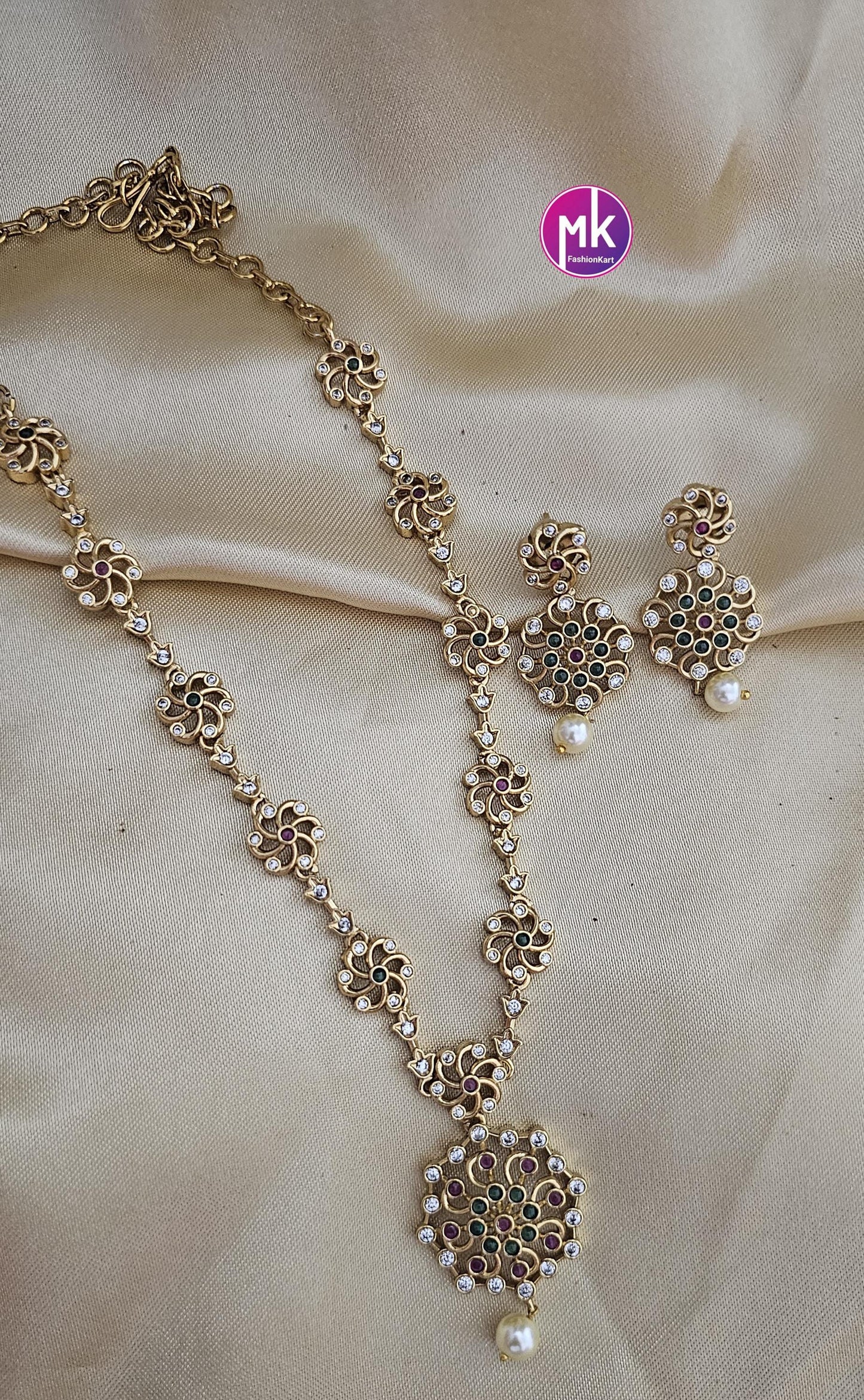 Premium quality Gold finish Flower design Multi-color AD stones Necklace with cute Earrings with pearl hangings - MK Fashionkart
