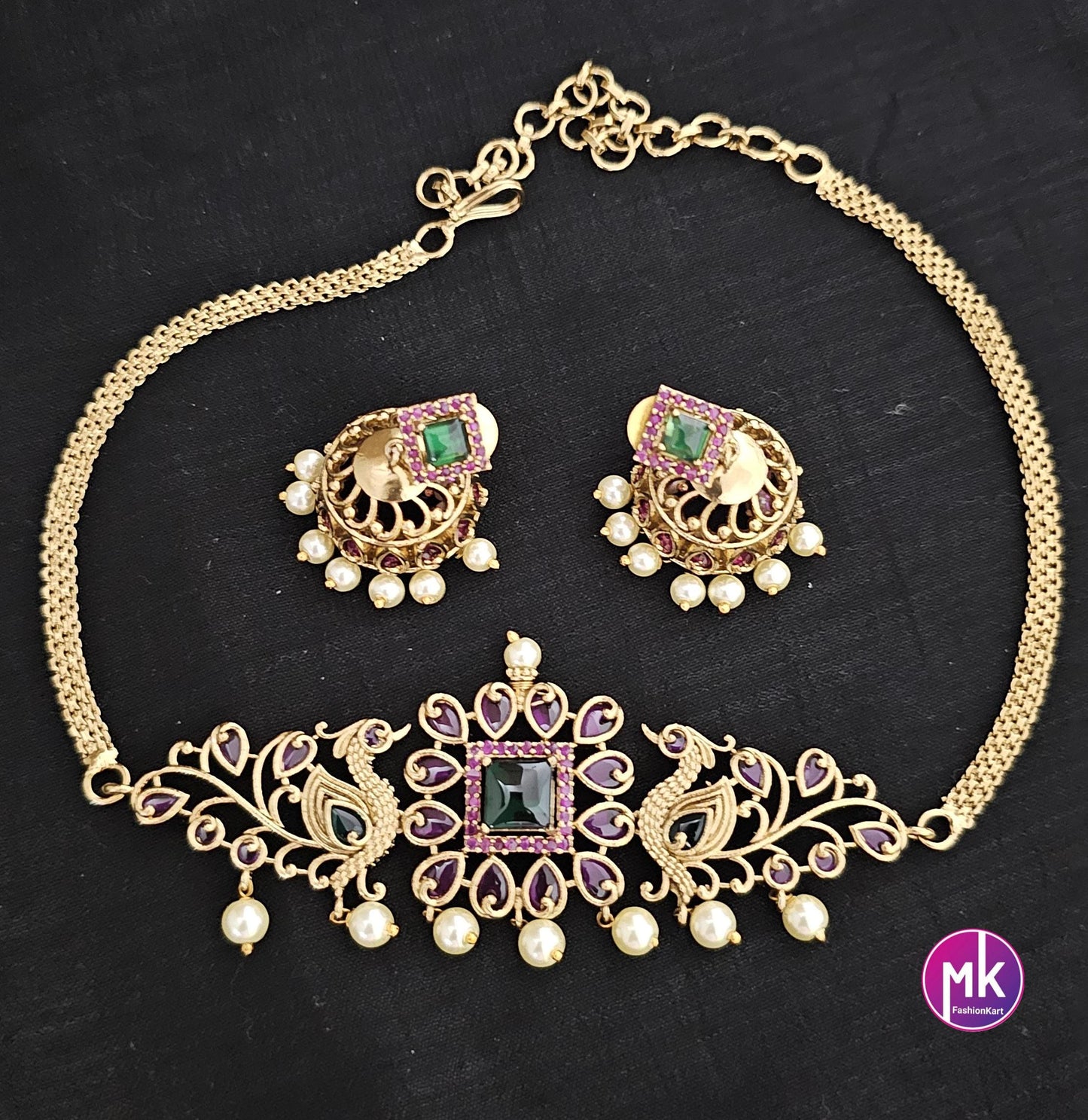 Premium quality Gold finish AD multi-color stone Choker cum Necklace with Earrings - MK Fashionkart - Fashion Jewelry