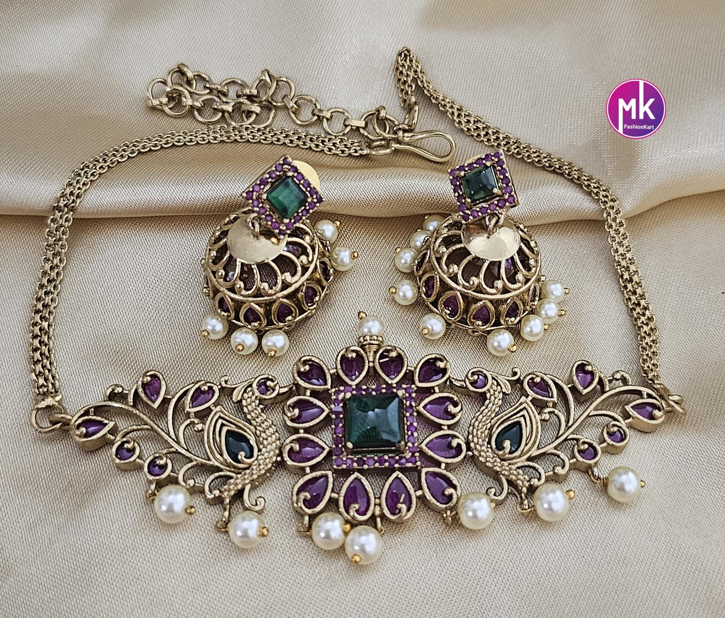 Premium quality Gold finish AD multi-color stone Choker cum Necklace with Earrings - MK Fashionkart - Fashion Jewelry