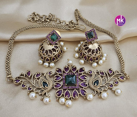 Premium quality Gold finish AD multi-color stone Choker cum Necklace with Earrings - MK Fashionkart - Fashion Jewelry