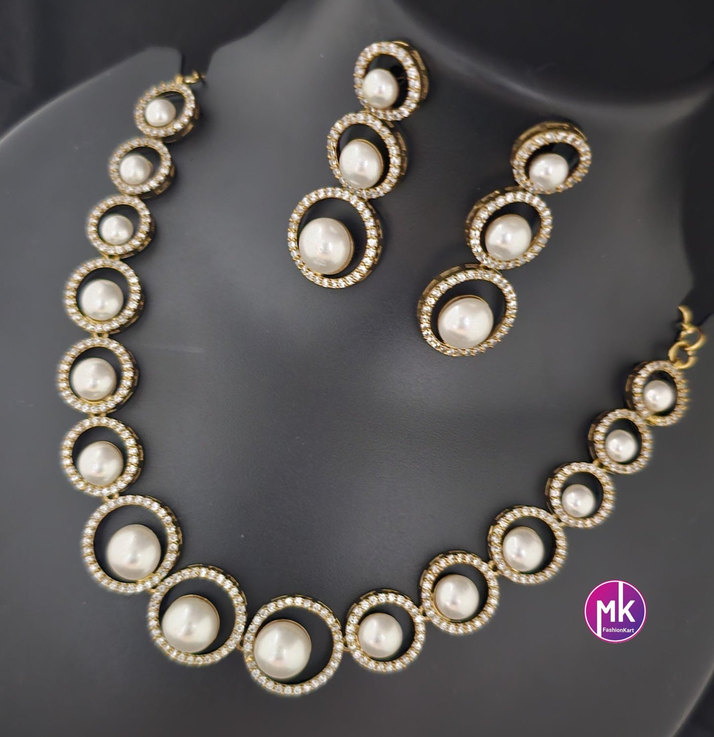 Celebrity Style Pearl with American Diamond Premium polish Gold finish Necklace w long matching Earrings - Bridal Necklace - MK Fashionkart