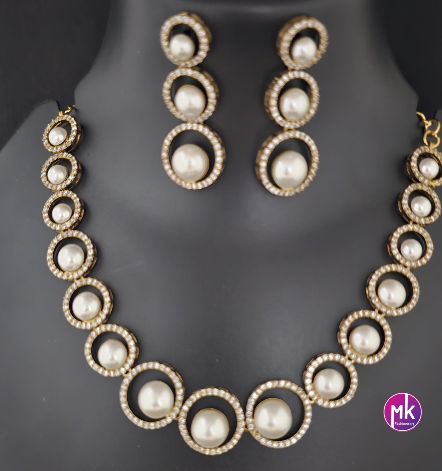Celebrity Style Pearl with American Diamond Premium polish Gold finish Necklace w long matching Earrings - Bridal Necklace - MK Fashionkart