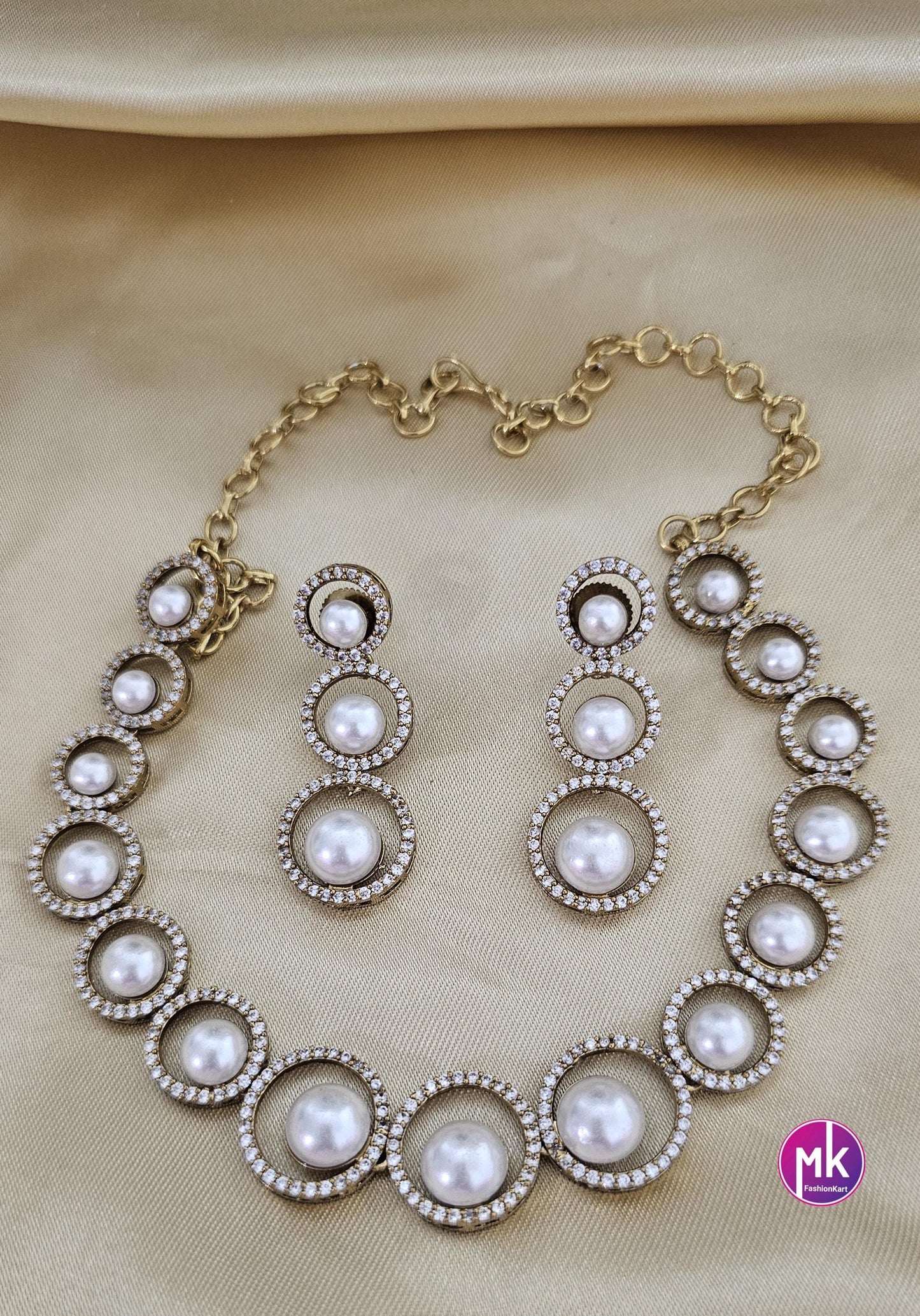 Celebrity Style Pearl with American Diamond Premium polish Gold finish Necklace w long matching Earrings - Bridal Necklace - MK Fashionkart