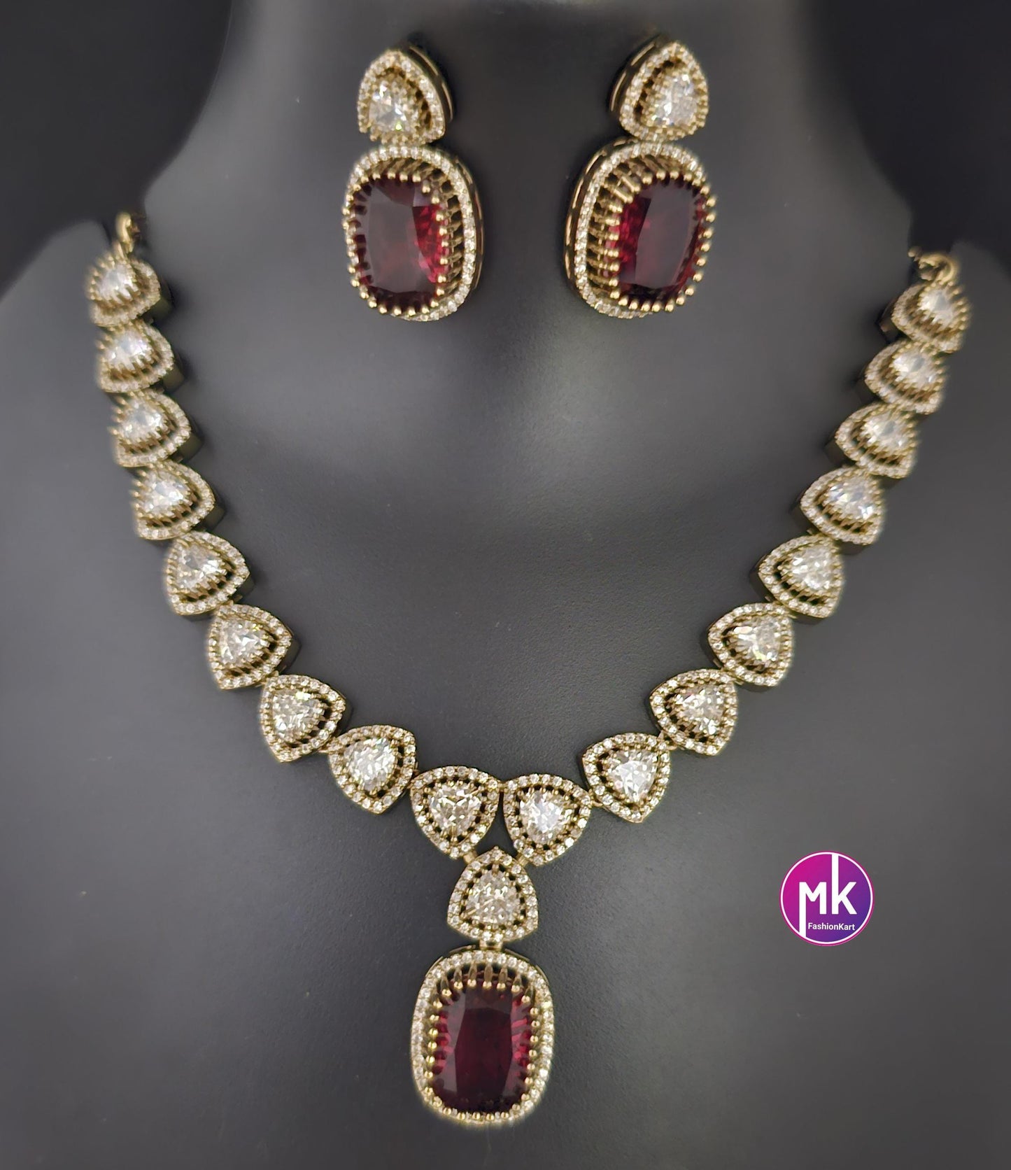 Celebrity Style Red wine color AD stone, CZ stone Necklace w matching Earrings - Adult cum Teen Necklace - Fashion Jewelry - MK Fashionkart