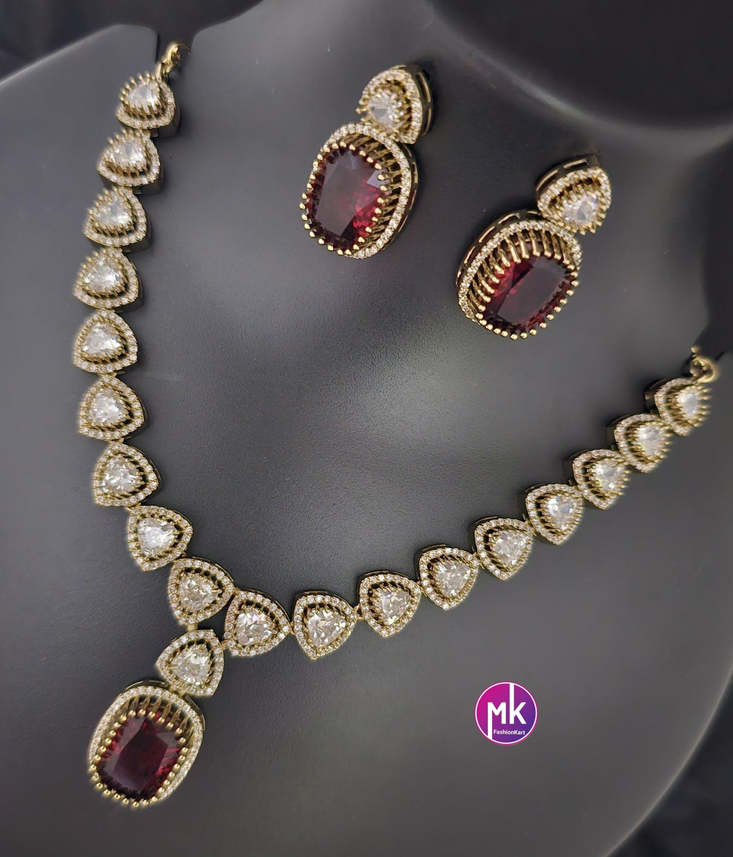 Celebrity Style Red wine color AD stone, CZ stone Necklace w matching Earrings - Adult cum Teen Necklace - Fashion Jewelry - MK Fashionkart