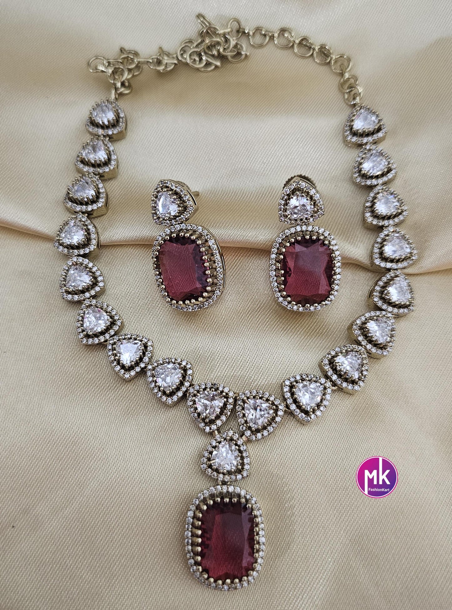 Celebrity Style Red wine color AD stone, CZ stone Necklace w matching Earrings - Adult cum Teen Necklace - Fashion Jewelry - MK Fashionkart