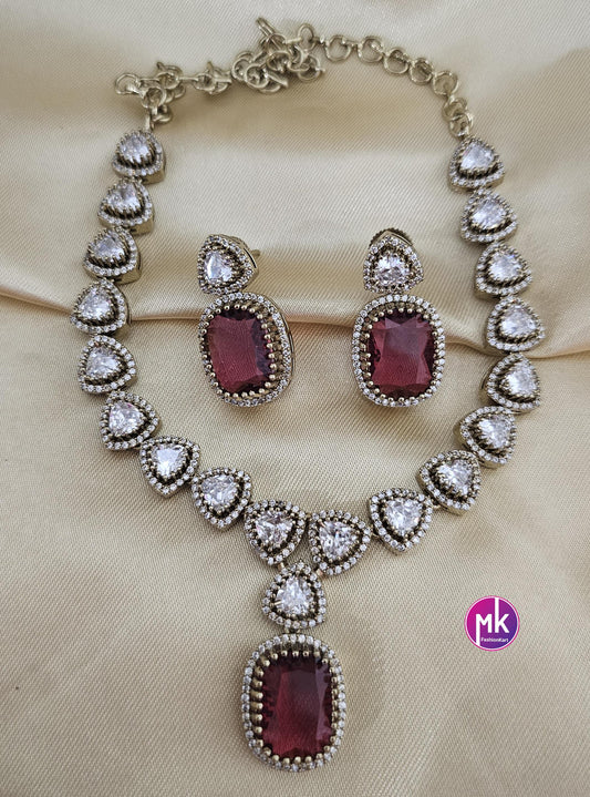 Celebrity Style Red wine color AD stone, CZ stone Necklace w matching Earrings - Adult cum Teen Necklace - Fashion Jewelry - MK Fashionkart