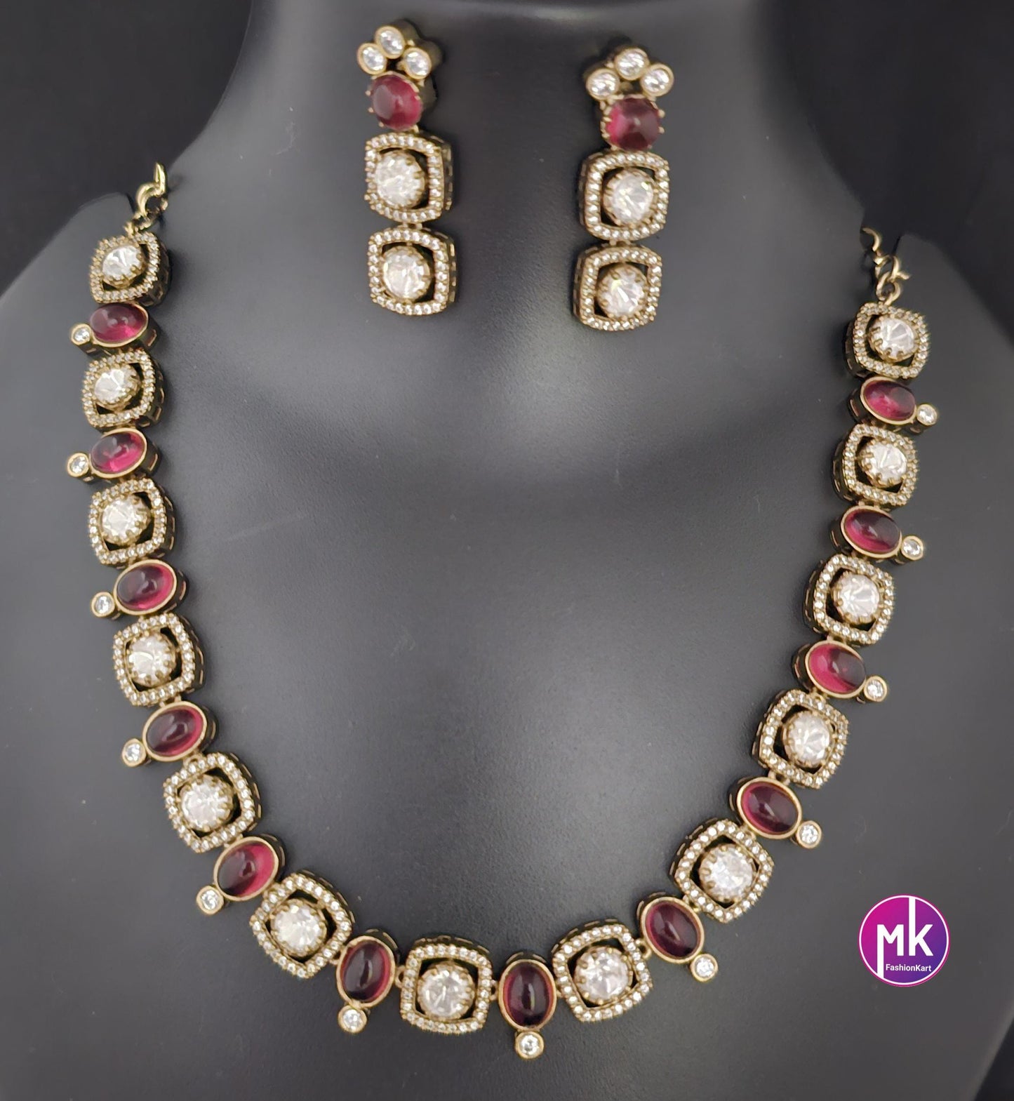 Celebrity Style Red wine and white color AD stone, CZ stone Necklace w matching Earrings - Adult cum Teen - Fashion Jewelry - MK Fashionkart