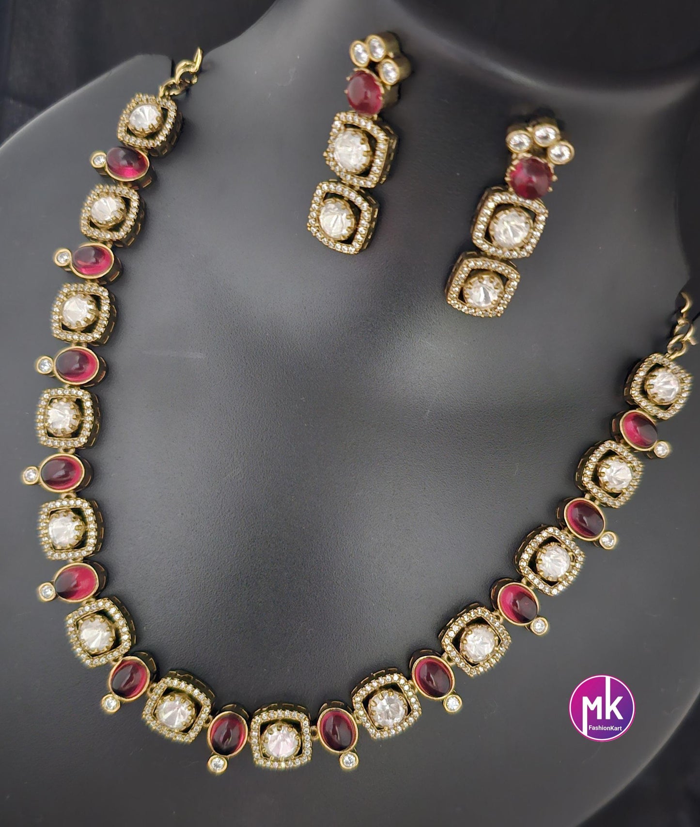 Celebrity Style Red wine and white color AD stone, CZ stone Necklace w matching Earrings - Adult cum Teen - Fashion Jewelry - MK Fashionkart