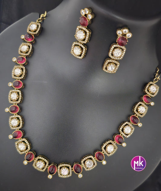 Celebrity Style Red wine and white color AD stone, CZ stone Necklace w matching Earrings - Adult cum Teen - Fashion Jewelry - MK Fashionkart
