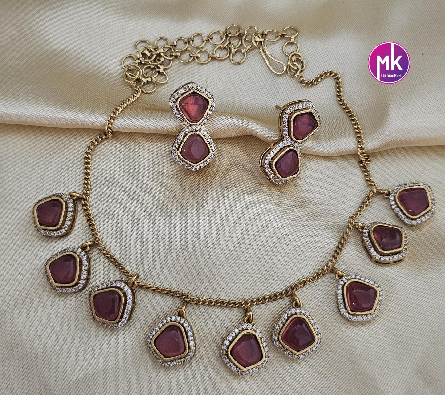 Gold finish Simple partywear AD and CZ stone necklace with matching Earrings - Adult cum Teen Necklace - Fashion Jewelry - MK Fashionkart