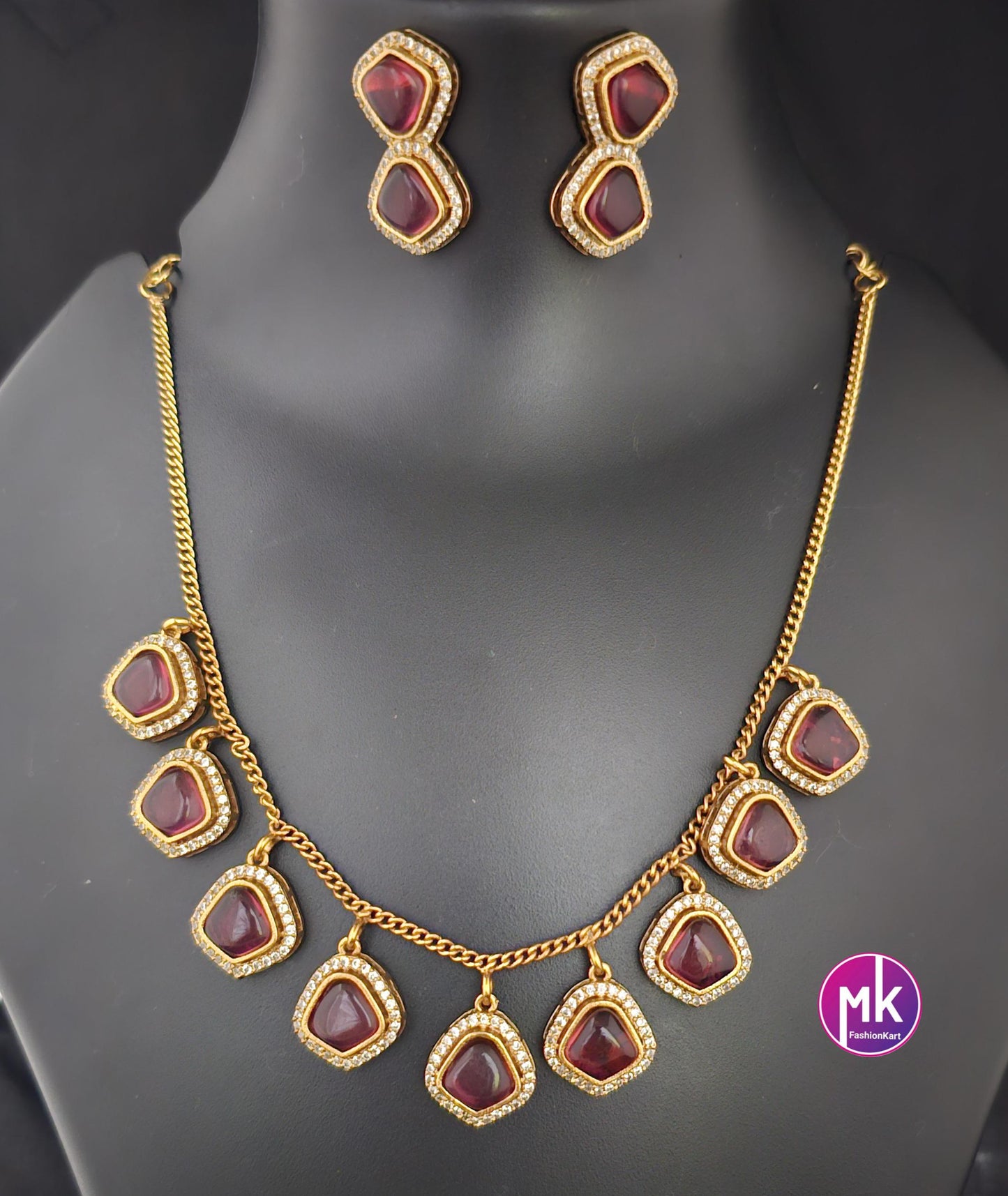 Gold finish Simple partywear AD and CZ stone necklace with matching Earrings - Adult cum Teen Necklace - Fashion Jewelry - MK Fashionkart