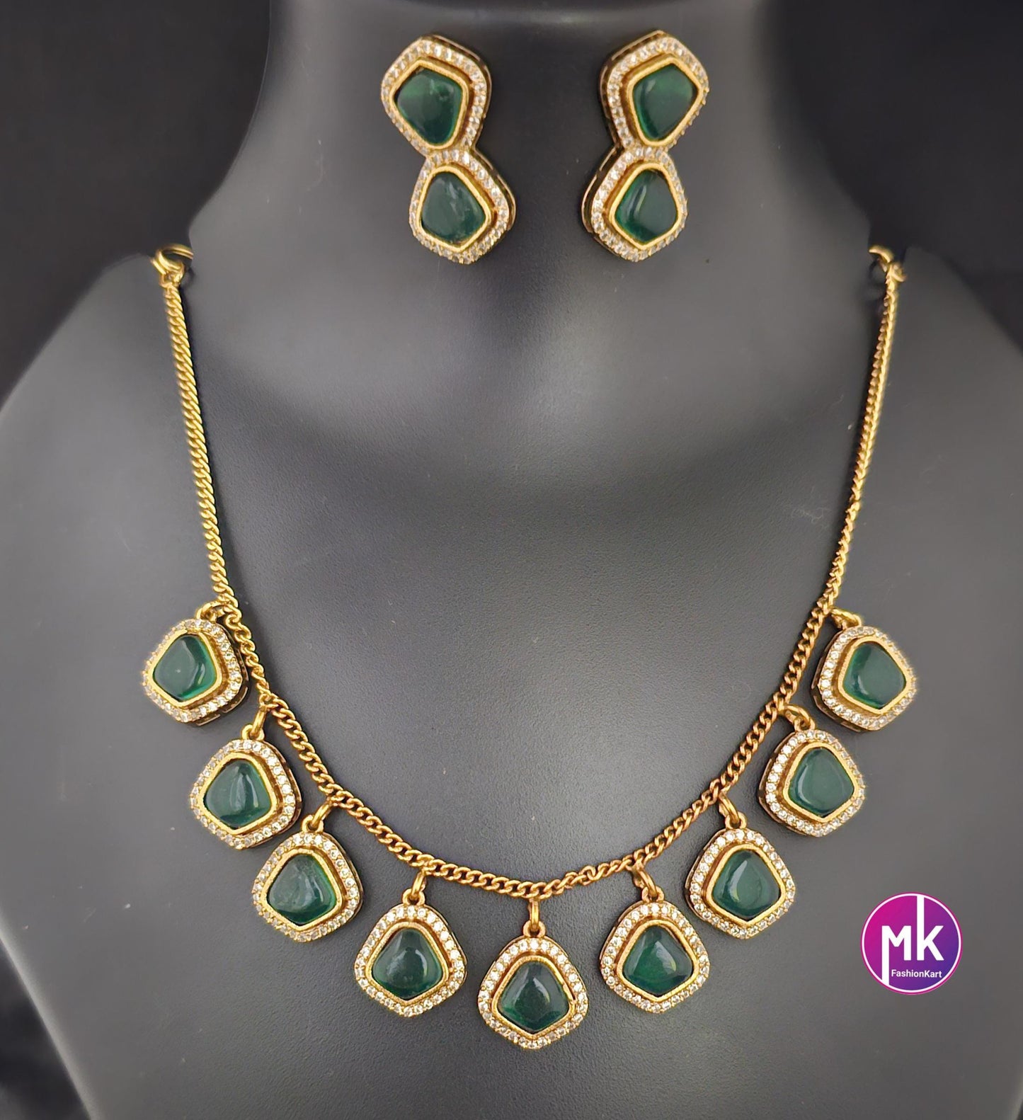 Gold finish Simple partywear AD and CZ stone necklace with matching Earrings - Adult cum Teen Necklace - Fashion Jewelry - MK Fashionkart