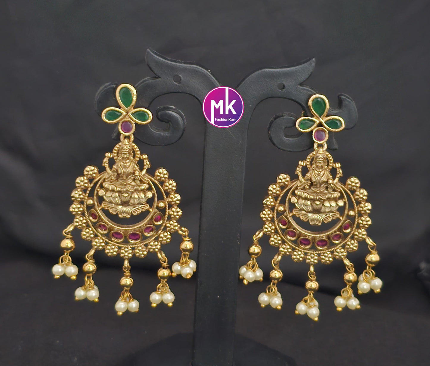 Lakshmi Premium Quality matte gold finish Kemp stones Earrings with hanging pearls - MK Fashionkart - Fashion Jewelry