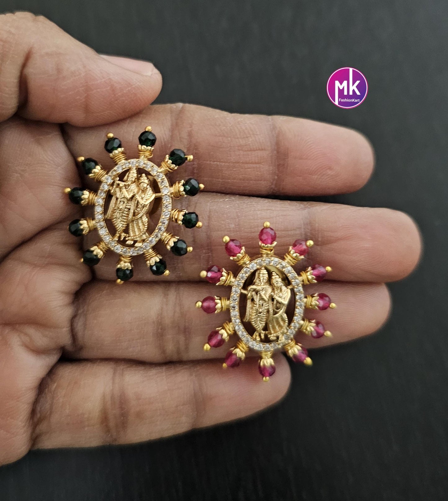 Radha Krishna Gold finish AD stone Earrings with Crystals - Partywear Earrings - MK Fashionkart - Fashion Jewelry