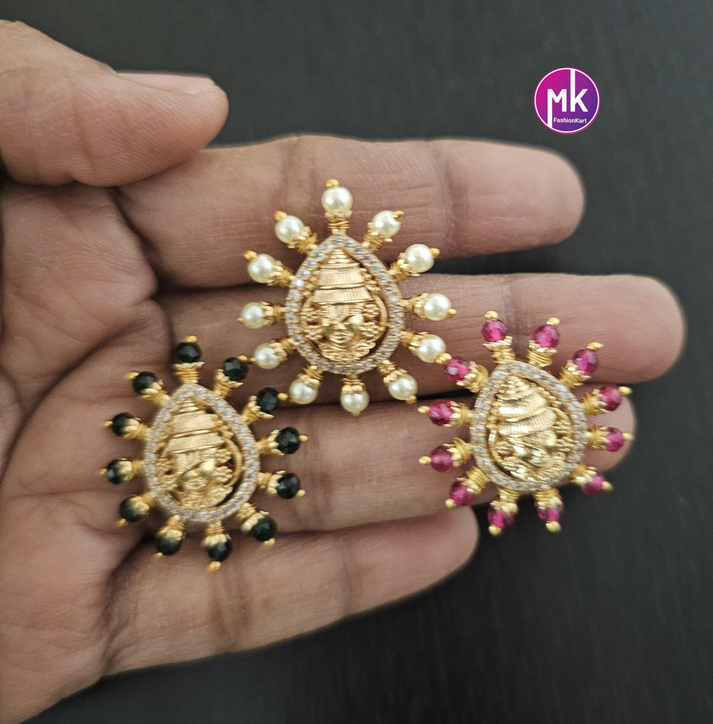 God Tirupathi Gold finish AD stone Earrings with Pearls, Crystals - Partywear Earrings - MK Fashionkart - Fashion Jewelry