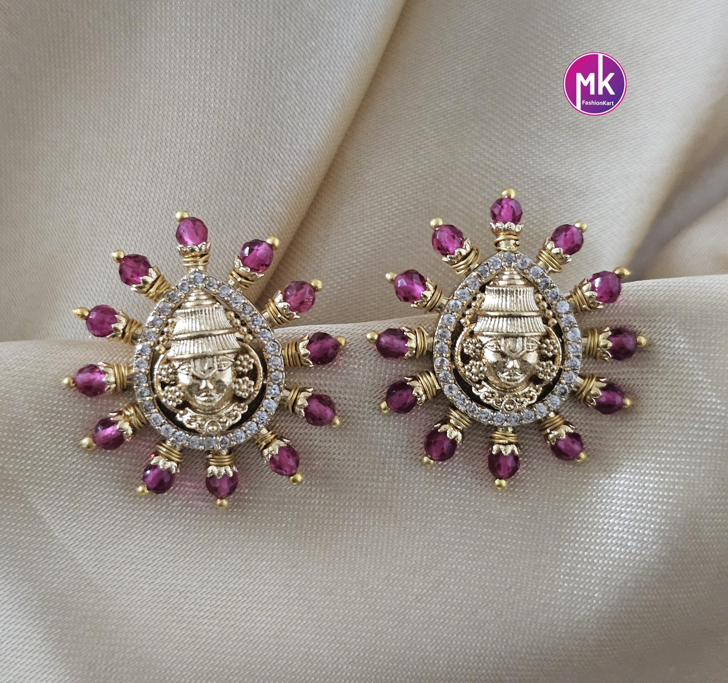 God Tirupathi Gold finish AD stone Earrings with Pearls, Crystals - Partywear Earrings - MK Fashionkart - Fashion Jewelry
