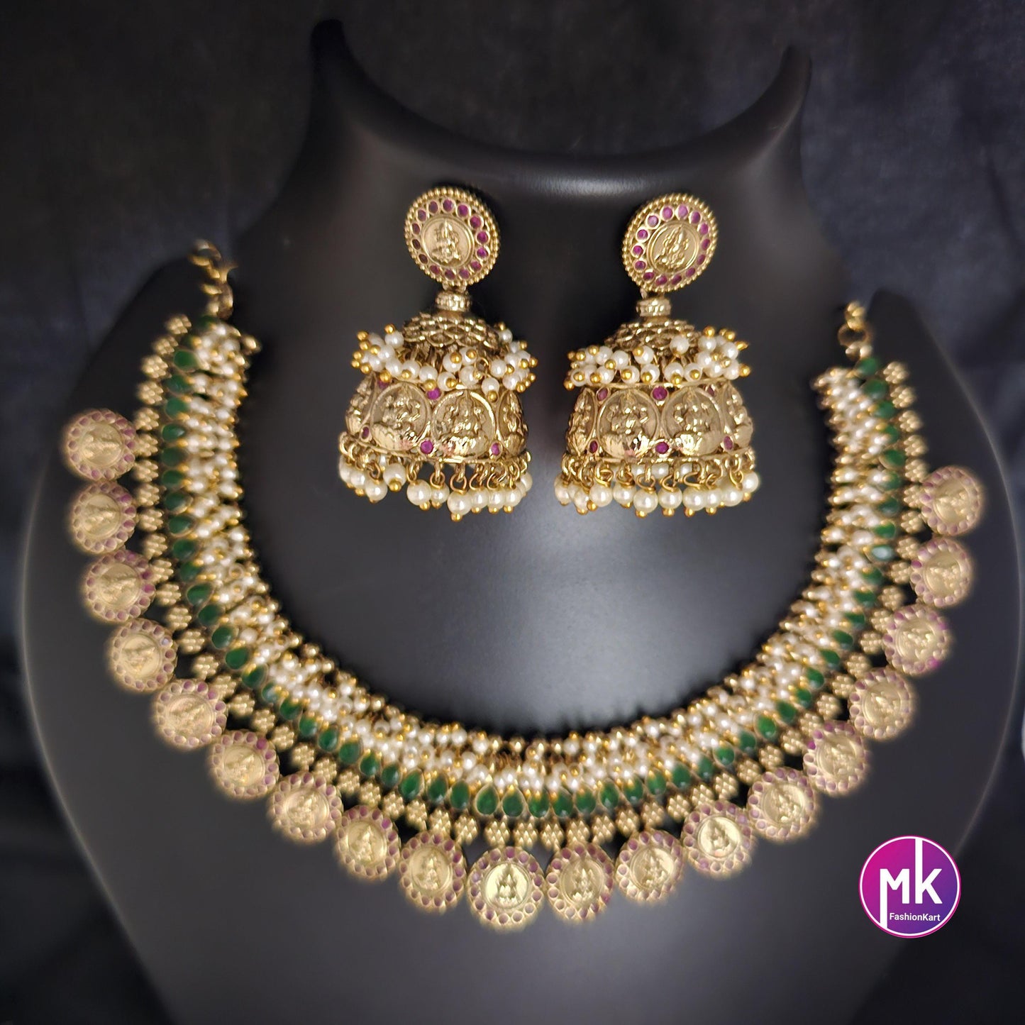 Lakshmi Loreal pearl matte gold finish AD stone big necklace with matching big Jhumka- Bridal Necklace - Gold Replica - MK Fashionkart