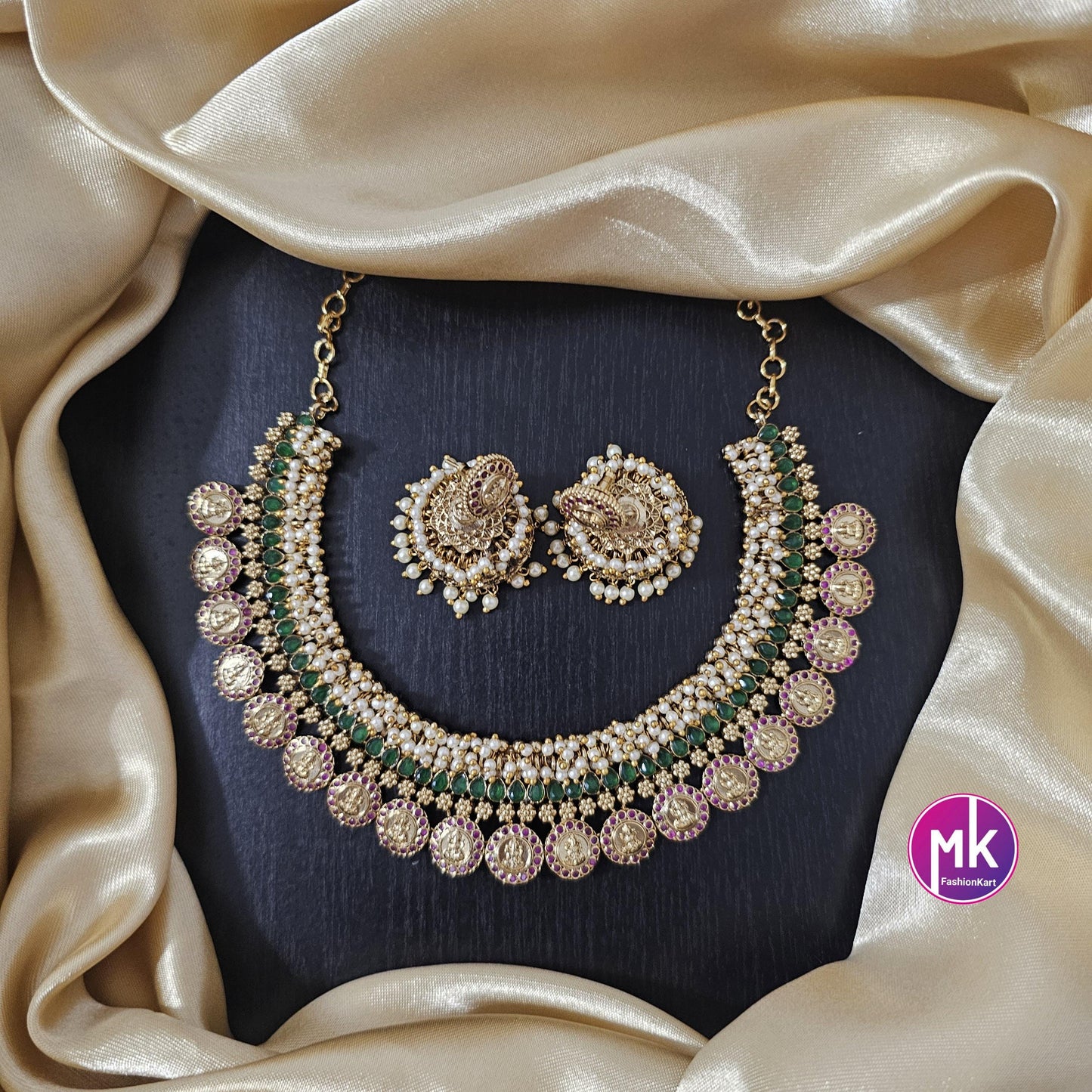 Lakshmi Loreal pearl matte gold finish AD stone big necklace with matching big Jhumka- Bridal Necklace - Gold Replica - MK Fashionkart