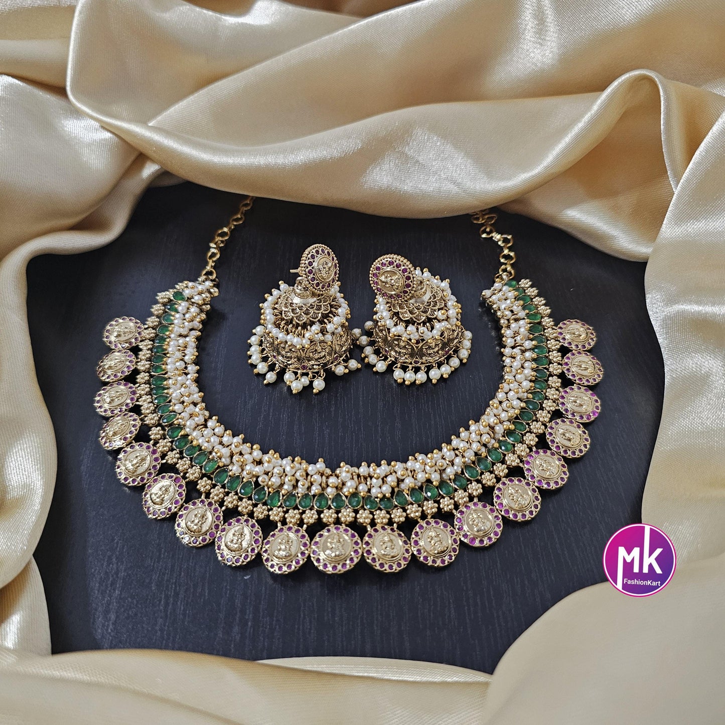 Lakshmi Loreal pearl matte gold finish AD stone big necklace with matching big Jhumka- Bridal Necklace - Gold Replica - MK Fashionkart