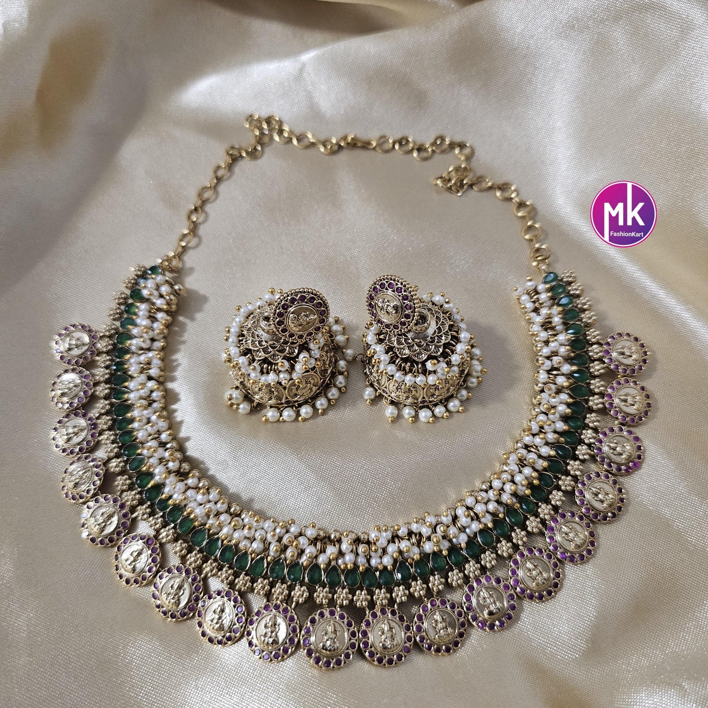 Lakshmi Loreal pearl matte gold finish AD stone big necklace with matching big Jhumka- Bridal Necklace - Gold Replica - MK Fashionkart