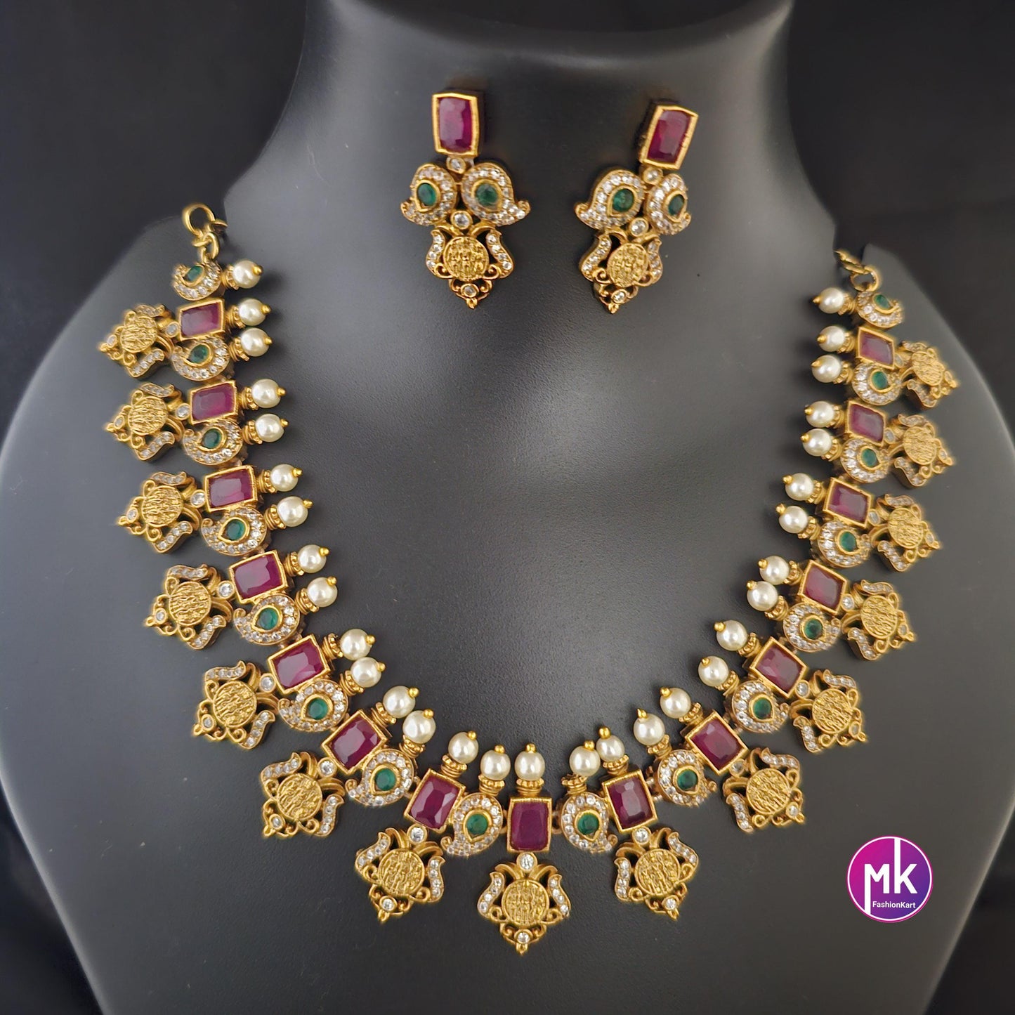Ramparivar Matte gold finish AD stone and pearl big necklace with matching Jhumka- Bridal Necklace - Gold Replica - MK Fashionkart