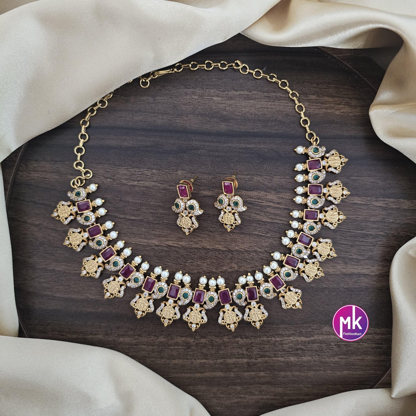 Ramparivar Matte gold finish AD stone and pearl big necklace with matching Jhumka- Bridal Necklace - Gold Replica - MK Fashionkart