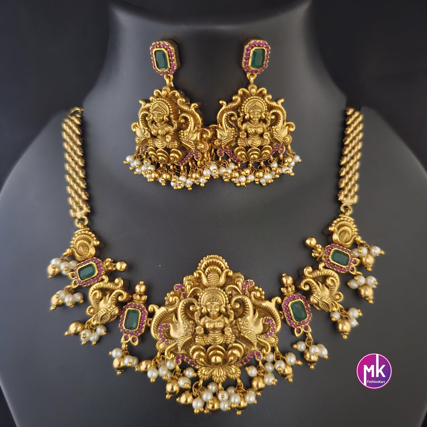 Lakshmi Matte gold finish AD stone big Choker cum Necklace necklace with matching Earrings - Bridal Necklace - Gold Replica - MK Fashionkart