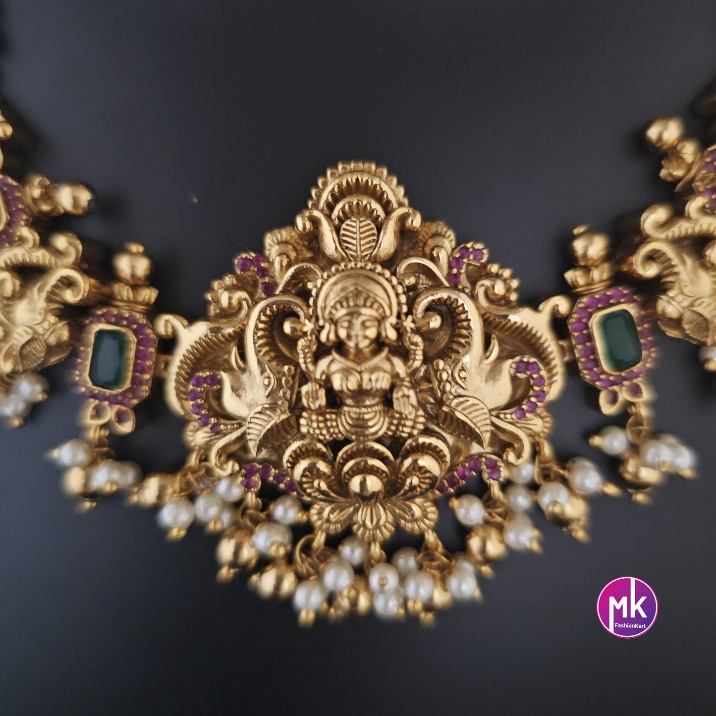 Lakshmi Matte gold finish AD stone big Choker cum Necklace necklace with matching Earrings - Bridal Necklace - Gold Replica - MK Fashionkart
