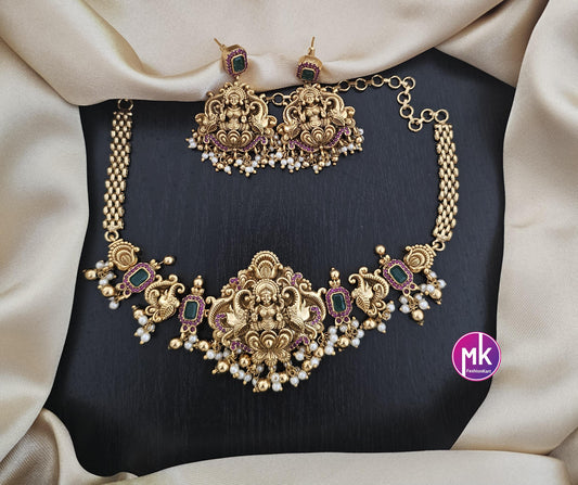 Lakshmi Matte gold finish AD stone big Choker cum Necklace necklace with matching Earrings - Bridal Necklace - Gold Replica - MK Fashionkart