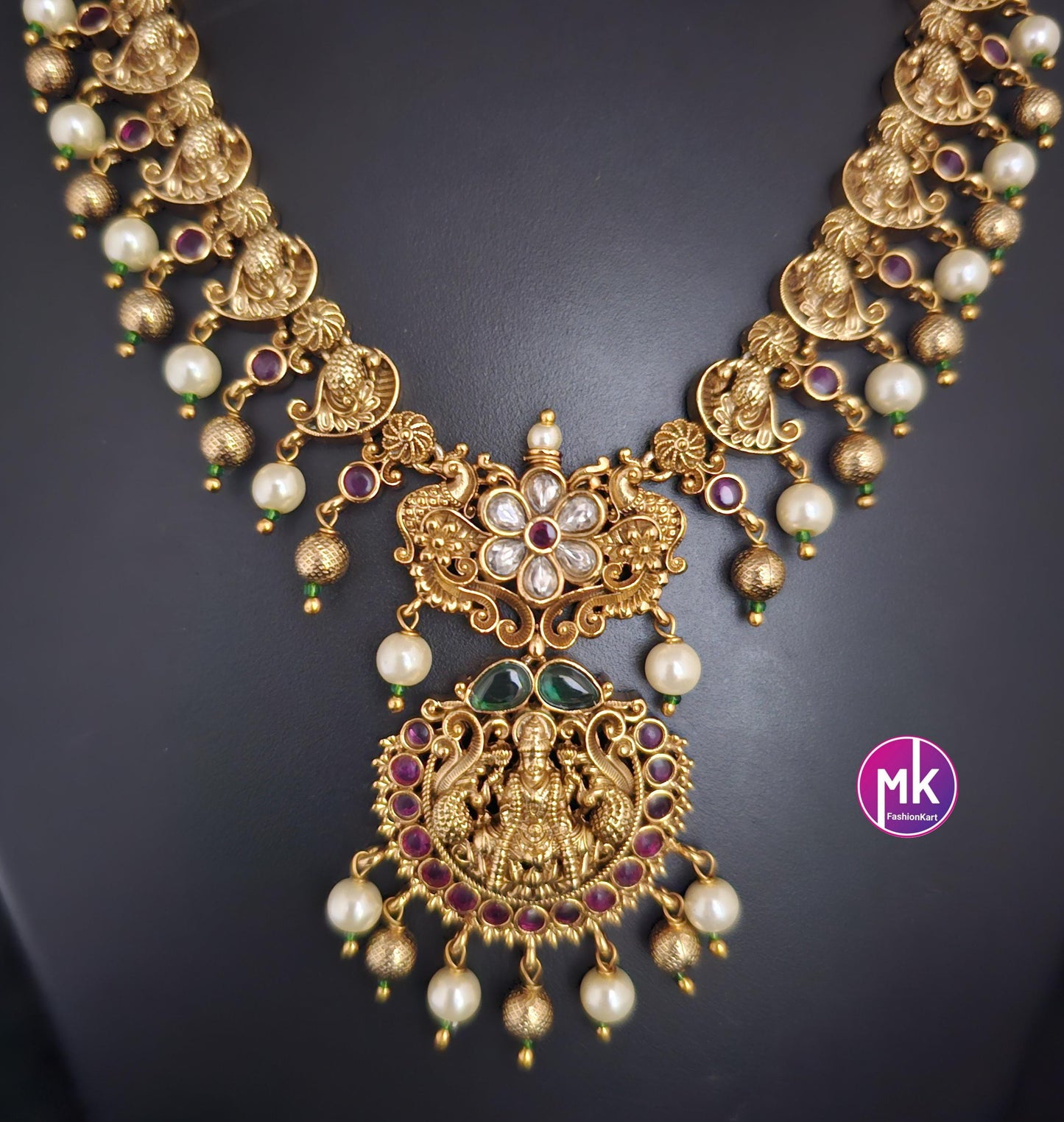 Lakshmi peacock design Premium Quality Matte gold finish Necklace w matching Earrings - Bridal Haram - Gold Jewelry Replica - MK Fashionkart