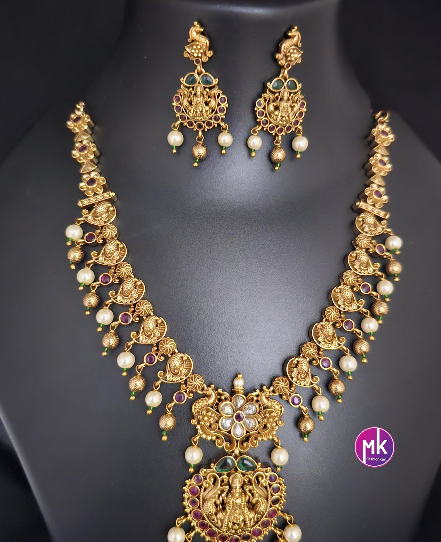 Lakshmi peacock design Premium Quality Matte gold finish Necklace w matching Earrings - Bridal Haram - Gold Jewelry Replica - MK Fashionkart