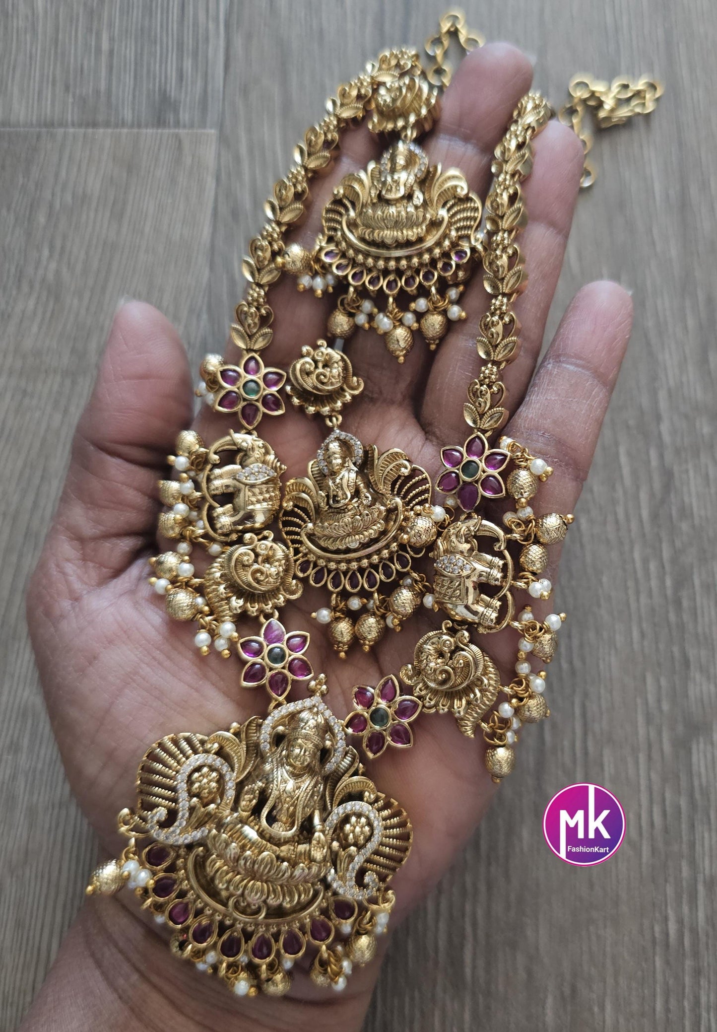 Lakshmi peacock elephant design Premium Matte gold finish Necklace w matching Earrings - Bridal Haram - Gold Replica - MK Fashionkart