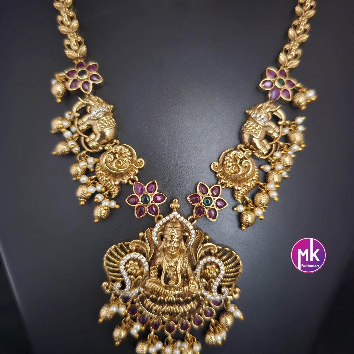 Lakshmi peacock elephant design Premium Matte gold finish Necklace w matching Earrings - Bridal Haram - Gold Replica - MK Fashionkart