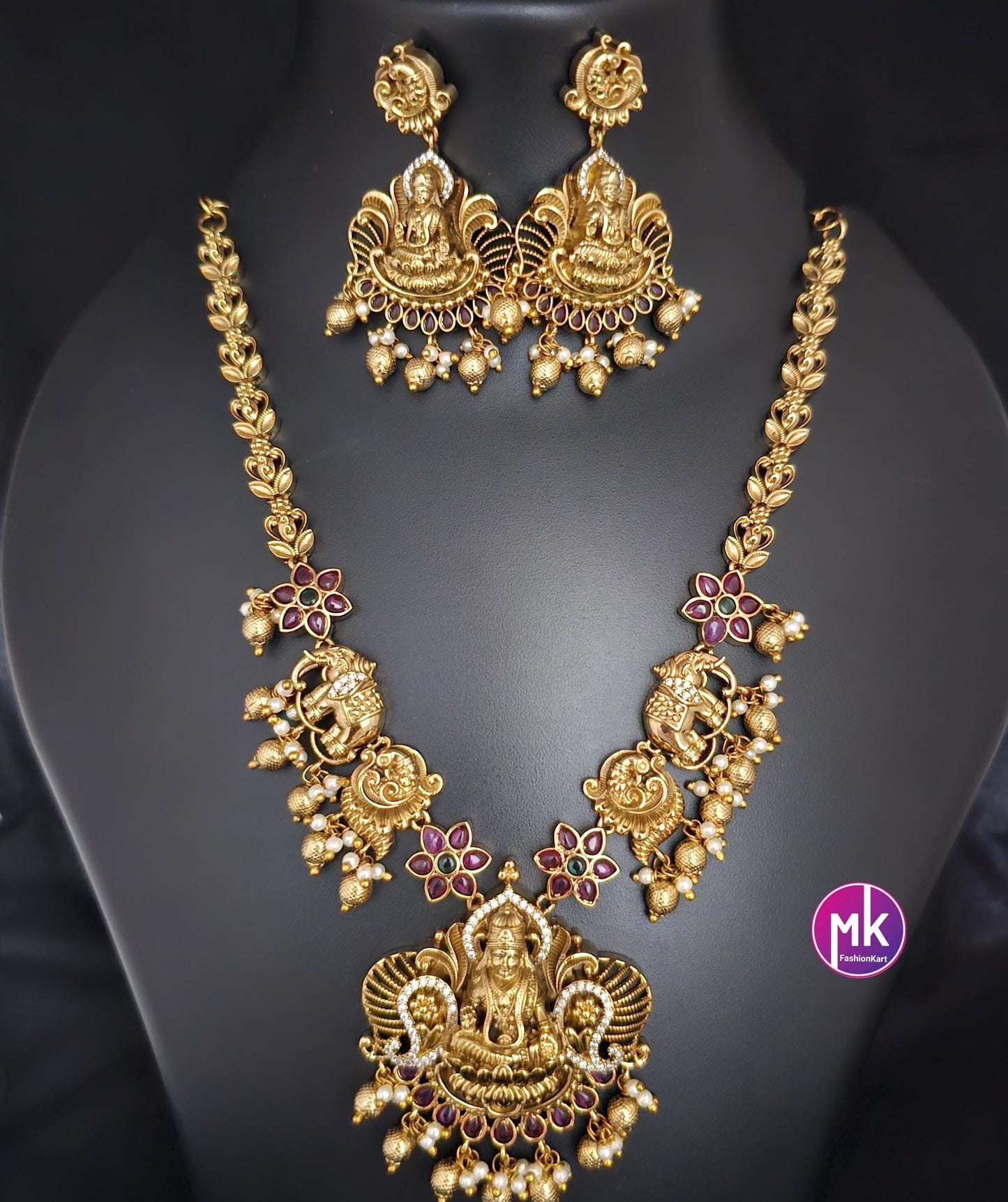 Lakshmi peacock elephant design Premium Matte gold finish Necklace w matching Earrings - Bridal Haram - Gold Replica - MK Fashionkart