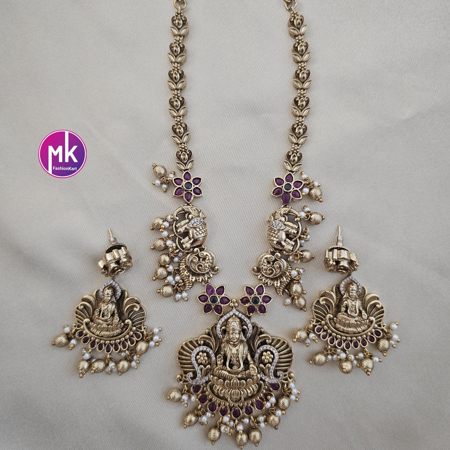 Lakshmi peacock elephant design Premium Matte gold finish Necklace w matching Earrings - Bridal Haram - Gold Replica - MK Fashionkart