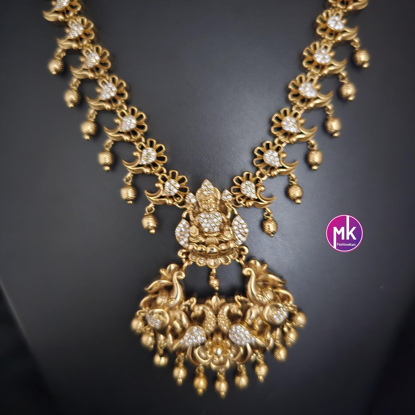 Gaja Lakshmi design Premium Quality Matte gold finish Necklace w matching Earrings - Bridal Haram - Gold Jewelry Replica - MK Fashionkart