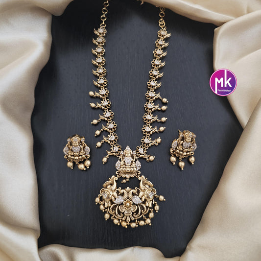 Gaja Lakshmi design Premium Quality Matte gold finish Necklace w matching Earrings - Bridal Haram - Gold Jewelry Replica - MK Fashionkart